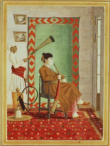 A portrait of a European gentleman in Indian dress seated before an open window smoking a hookah, Lucknow, Company School by Indian School